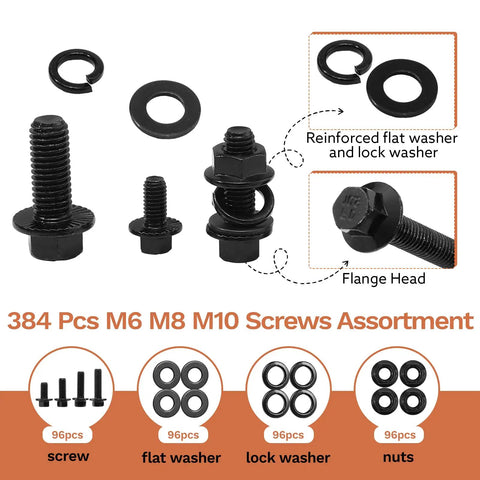 All In One Flange Bolt Set With 384 Piece Metric Assortment M6x1.0 M8x1.25 M10x1.5 Bolts shown with washers and nuts