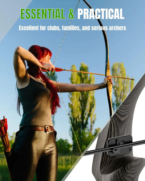 Archer aiming recurve bow with 8 Pack Recurve Bow Arrow Rest for Right Hand Archers, Adhesive Back Plastic Arrow Rest visible
