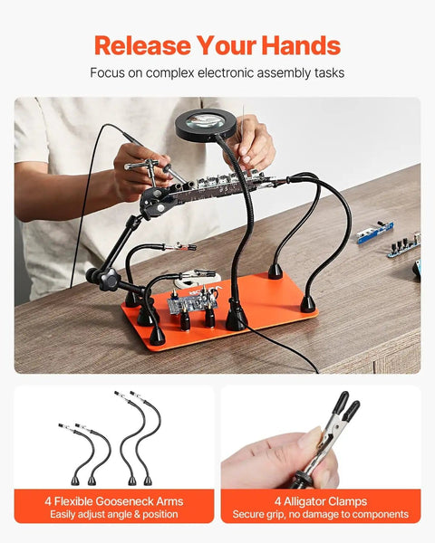 Person using Magnetic Helping Hands Soldering Station With 3X LED Magnifying Lamp, 4 PCB Holders on a table.