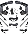 Front End Kit For 2001-2004 Chevy Silverado And GMC Sierra 2500 4x4 4WD Upgrade Includes 2 Front Upper Control Arms With Ball Joints 2 Front Lower Ball Joints 2 Sway Bar Links 4 Front Tie Rods And Pitman Arm., black steel suspension and steering parts set