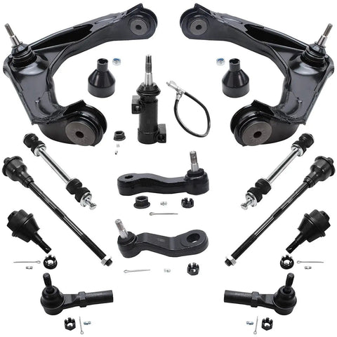 Front End Kit For 2001-2004 Chevy Silverado And GMC Sierra 2500 4x4 4WD Upgrade Includes 2 Front Upper Control Arms With Ball Joints 2 Front Lower Ball Joints 2 Sway Bar Links 4 Front Tie Rods And Pitman Arm., black steel suspension and steering parts set