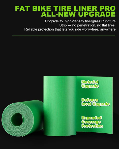Fat Bike Tire Liner Pro Inner Tube Flat Protector, green 3-layer TPU fiberglass construction visible in rolled form.