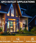 Dusk To Dawn Sensor Outdoor Wall Lantern With Built In GFCI Outlet, modern house exterior, lit porch with holiday lights.
