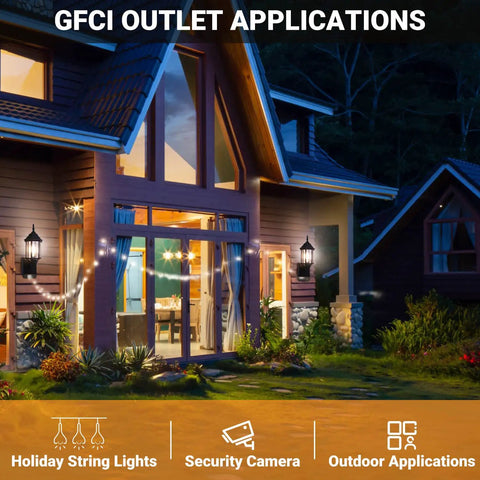 Dusk To Dawn Sensor Outdoor Wall Lantern With Built In GFCI Outlet, modern house exterior, lit porch with holiday lights.