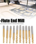 Ten 3-flute end mills with Ti-coated gold bodies and gray round shanks for CNC engraving on wood and plastics.