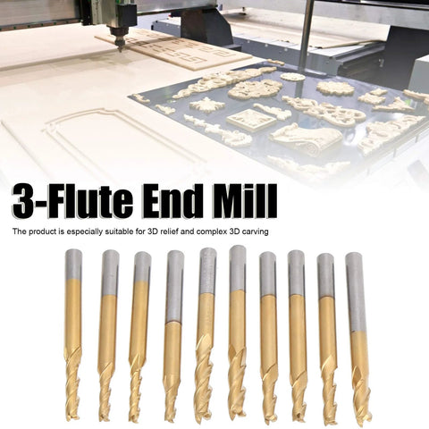 Front view of 10-piece Ti-plated 3-flute end mills with round shanks for CNC milling