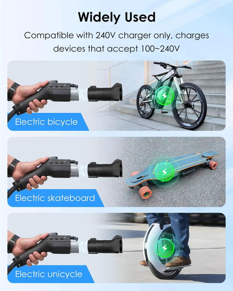 J1772 To Nema 5 15 Plug Adapter Cable For E Bikes Scooters And Electric Skateboards, charging electric bicycle, skateboard, and unicycle.