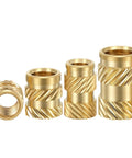 40 Pack One Quarter Inch Brass Heat Set Threaded Inserts With UNC Knurled Nuts For One Quarter Twenty Threads, shown in various sizes.