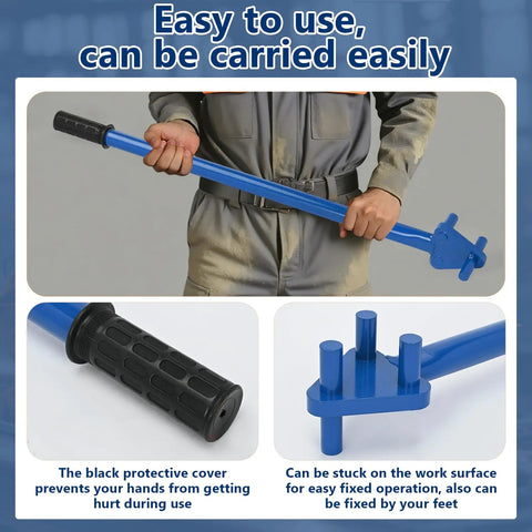 Heavy Duty Manual Rebar Bender Tool For Steel Rods Portable Hand Cranked Bending Machine Carbon Steel Construction Compact Design Up To 5/8 Inch Diameter Easy Grip Handles shown being held with protective handle.