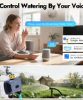 Woman controlling Two Zone WiFi Water Timer For Garden Hose with brass inlet and outlet via Alexa voice command indoors.