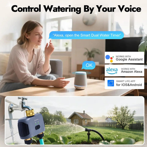 Woman controlling Two Zone WiFi Water Timer For Garden Hose with brass inlet and outlet via Alexa voice command indoors.