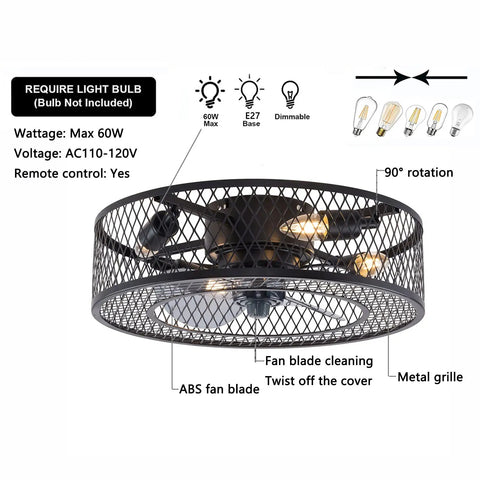 Industrial 18 Inch Ceiling Fan Light Kit With Remote, 3 Speed Adjustable Caged Mesh Shade In Black, E27 Base, No Bulbs Included, Ideal For Living Room, Bedroom, Or Kitchen, Simple Install And Quiet Operation