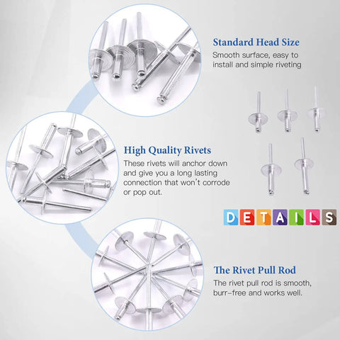 Diagram of Five Sizes 240 Pieces Large Flange Aluminum Blind Rivets Set Diameter Three Sixteenths Inch With Lengths Three Eighths Inch