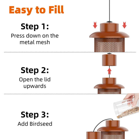 Instructions for filling Weight Activated Squirrel Proof Bird Feeder For Outdoor Use Large Capacity Keeps Squirrels From Stealing Seed While Finches Cardinals And Chickadees Feed Freely Weatherproof Durable Construction In Reddish Brown