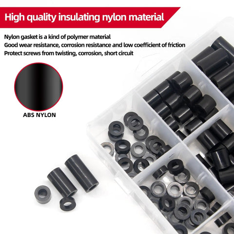 Nylon Spacers Kit With 340 And 680 Pcs M6 Nylon ABS Washers In Box For Car Home DIY Repairs Multi Size Set For Electrical Insulation And Vibration Dampening 4 Set, black spacers and washers in organizer box