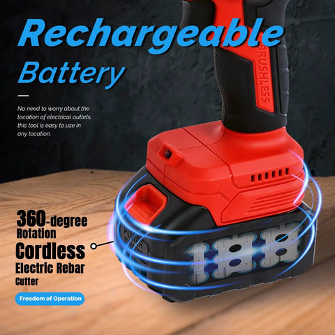 Loschen Cordless Rebar Cutter With 360 Degree Rotation, portable electric hydraulic saw battery detail shown on the handle.