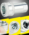 Front, side, and close-up views of a 3/8-inch silver hydraulic quick-connect coupler with knurled collar and dust cap.