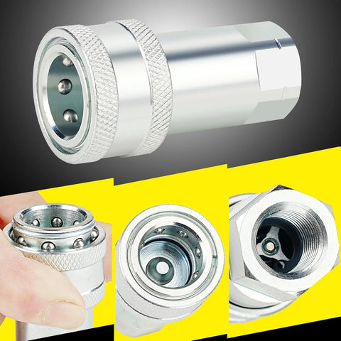 Front, side, and close-up views of a 3/8-inch silver hydraulic quick-connect coupler with knurled collar and dust cap.
