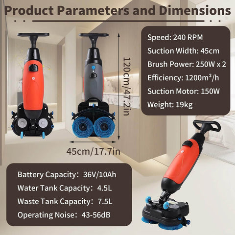 Heavy Duty 17 Inch Floor Polisher Carpet Cleaning Machine With 240 RPM 3 Gallon Tank Dual Brush Heads 13000 Sqft Per Hour Coverage Industrial Floor Cleaner Red front and side view