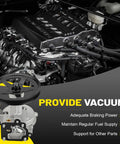 Brake vacuum pump with pulley, gray metal housing, shown in engine bay