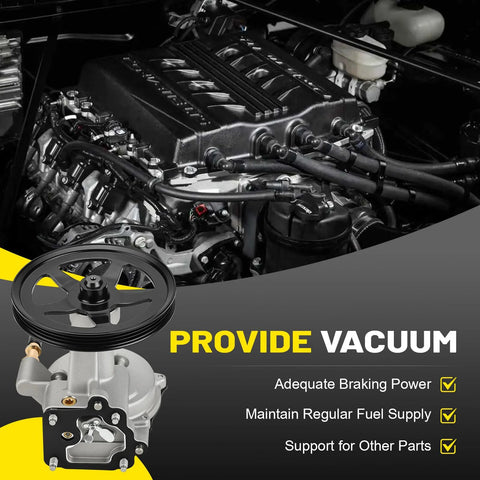 Brake vacuum pump with pulley, gray metal housing, shown in engine bay