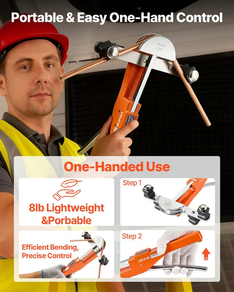 VEVOR Ratcheting Tubing Bender Kit For Copper And Aluminum 1/4 To 7/8 Inch showing one-handed control use with copper pipe