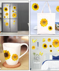 Sunflower Wall Stickers And 3D Gold Butterfly Decals Bundle Peel And Stick Waterproof Wall Art For Living Room Bathroom And Bedroom Decor Removable Floral Wall Decals Kit With 22 Yellow Flowers And 12 Gold Butterflies displayed on various surfaces including fridge and walls.
