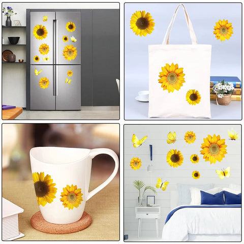 Sunflower Wall Stickers And 3D Gold Butterfly Decals Bundle Peel And Stick Waterproof Wall Art For Living Room Bathroom And Bedroom Decor Removable Floral Wall Decals Kit With 22 Yellow Flowers And 12 Gold Butterflies displayed on various surfaces including fridge and walls.