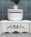 Ergonomic Squatting Toilet Stool For Adults, Sturdy Detachable Wood Plastic Composite Step Stool, white, floral design in front of toilet