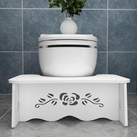 Ergonomic Squatting Toilet Stool For Adults, Sturdy Detachable Wood Plastic Composite Step Stool, white, floral design in front of toilet