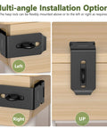 Top Shelf 90 Degree Door Hasp Latch With Padlock Slot Forged From Rust Proof 304 Stainless Steel For Backyard Gate Security and Tough as Nails Outdoor Hardware, showcasing left, right, and up installation angles.