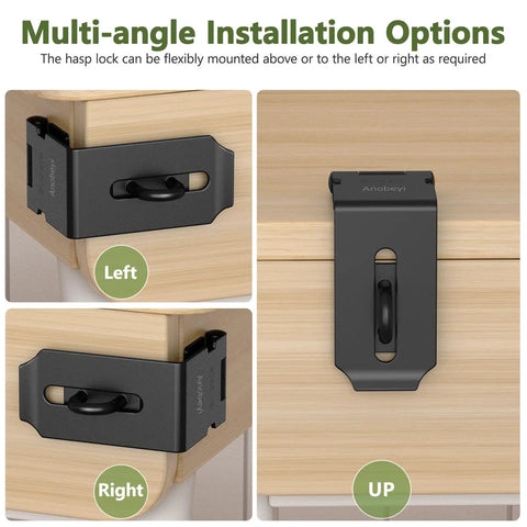 Top Shelf 90 Degree Door Hasp Latch With Padlock Slot Forged From Rust Proof 304 Stainless Steel For Backyard Gate Security and Tough as Nails Outdoor Hardware, showcasing left, right, and up installation angles.