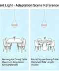 Diagram showing adaptation of Straight Up Vintage Vibes Handblown Textured Glass Pendant Light With Brushed Antique Brass Finish for various table sizes.