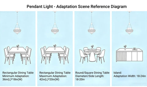 Diagram showing adaptation of Straight Up Vintage Vibes Handblown Textured Glass Pendant Light With Brushed Antique Brass Finish for various table sizes.