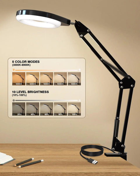 Hands Free Desk Magnifier With Light 10X And 5X Real Glass Anti Glare Lens, LED clamp lamp on a desk showing color modes.
