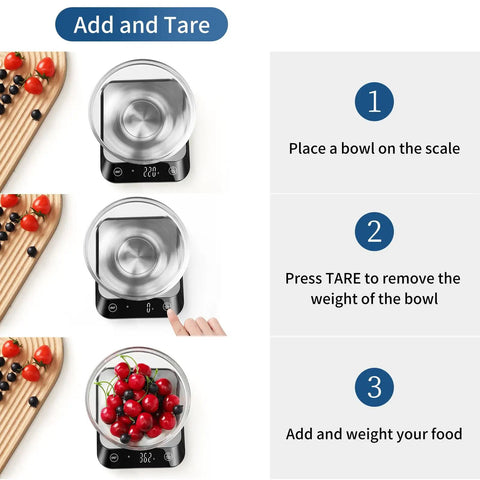 Instructions for using the 22 Pound Digital Kitchen Scale With 0.1 Ounce And 1 Gram Precision For Cooking And Baking, pro grade accuracy.