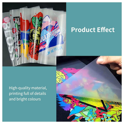 Top Shelf DTF Transfer Film Roll 13x328ft Direct To Film For T Shirts And Textiles illustration showing vibrant print results.