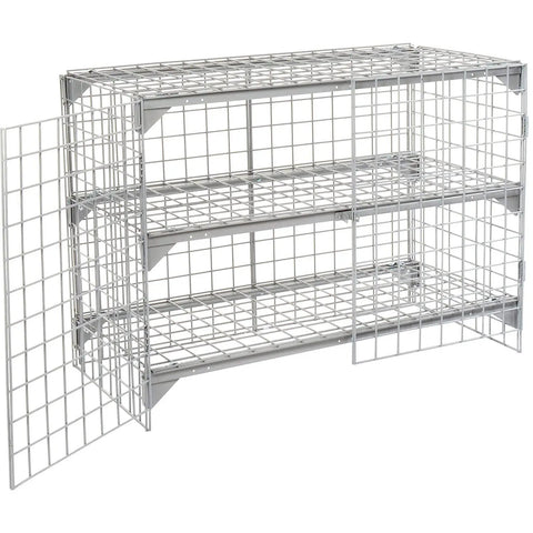 Heavy Duty Commercial Wire Mesh Security Locker With Two Swing Doors, Height Adjustable Shelf Supports, Padlock Ready Latches, Legit Gray Steel Storage Beast For Garage And Job Site with open front doors.