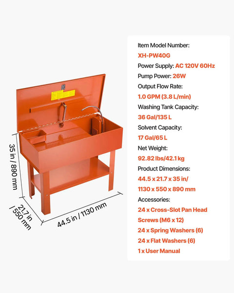 Built Tough Heavy Duty Parts Washer With 40 Gallon Steel Bath And One Gallon Per Minute Electric Pump For Auto Mechanics Engine Gear Carburetor No Fuss Workshop Cleanup Rig, orange tank with gooseneck.