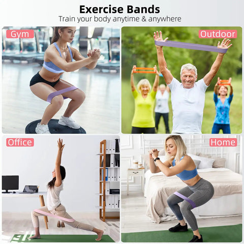 People using Five Band Resistance Set For Home Workouts With Five Elastic Loop Bands in various indoor and outdoor exercises.