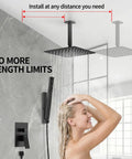SR SUN RISE 12 Inch Ceiling Mount Shower System,Matte Black in use, featuring adjustable height and rain shower head.