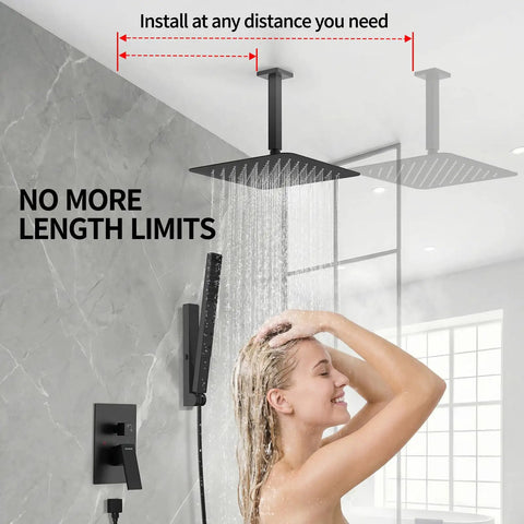 SR SUN RISE 12 Inch Ceiling Mount Shower System,Matte Black in use, featuring adjustable height and rain shower head.
