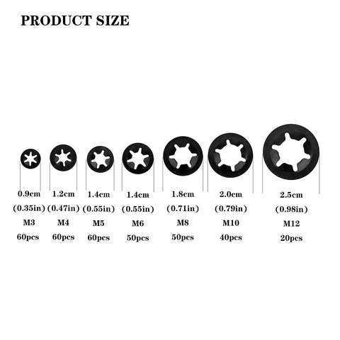 Chart showing size and quantity of Internal Tooth Starlock Locking Washers Set 340 Pcs Including Push On Speed Clips.