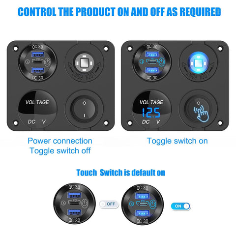 Beefed Up 12 Volt USB Outlet RV Marine Switch Panel 4 In 1 Aluminum Charger controls and indicators visible