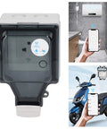 Outdoor Smart Outlet With Slick App Remote Control And Programmable Timer IP66 Weatherproof Power Socket for patio and backyard, showing front view with app features.