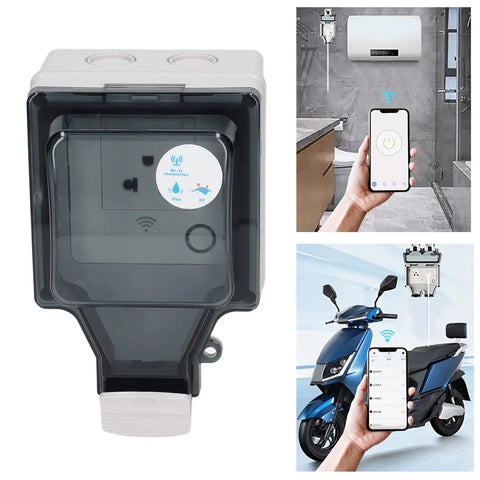 Outdoor Smart Outlet With Slick App Remote Control And Programmable Timer IP66 Weatherproof Power Socket for patio and backyard, showing front view with app features.