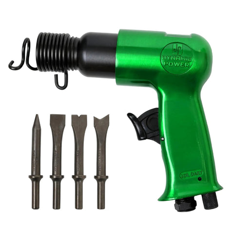Short Barrel Air Hammer Kit With Four Chisels, One And Five Eighths Inch Stroke, 4500 BPM, 4 CFM At 90 PSI, green tool and chisels