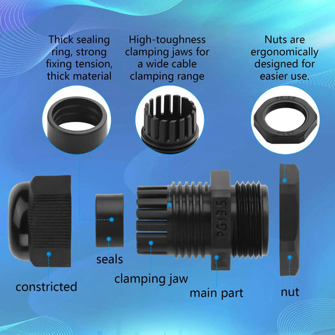 Diagram of Waterproof Cable Gland Set 10 Pack PG13.5 Black Nylon showing components like seals, clamping jaw, and nut.