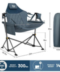 Heavy Duty Folding Hammock Chair With Adjustable Backrest And Padded Seat For Cozy Outdoor Comfort Supports Up To 300 Lbs Portable Folding Camping Chair For Travel Patio Or Beach Blue shown with dimensions and carrying bag