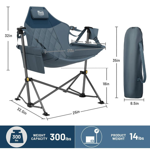 Heavy Duty Folding Hammock Chair With Adjustable Backrest And Padded Seat For Cozy Outdoor Comfort Supports Up To 300 Lbs Portable Folding Camping Chair For Travel Patio Or Beach Blue shown with dimensions and carrying bag